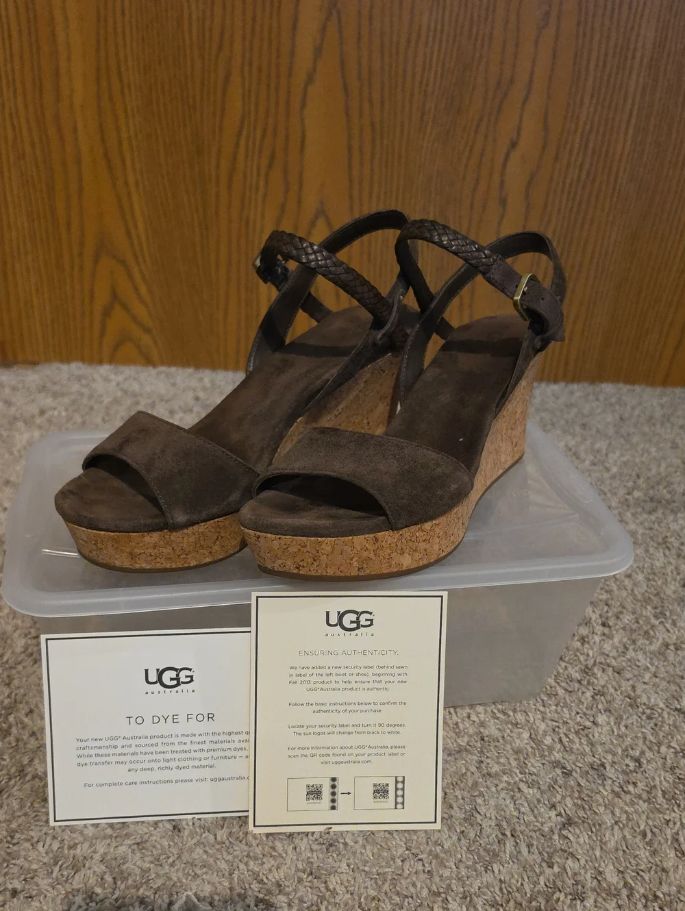 UGG Dark Brown Suede Cork Wedge Sandals with Ankle Straps